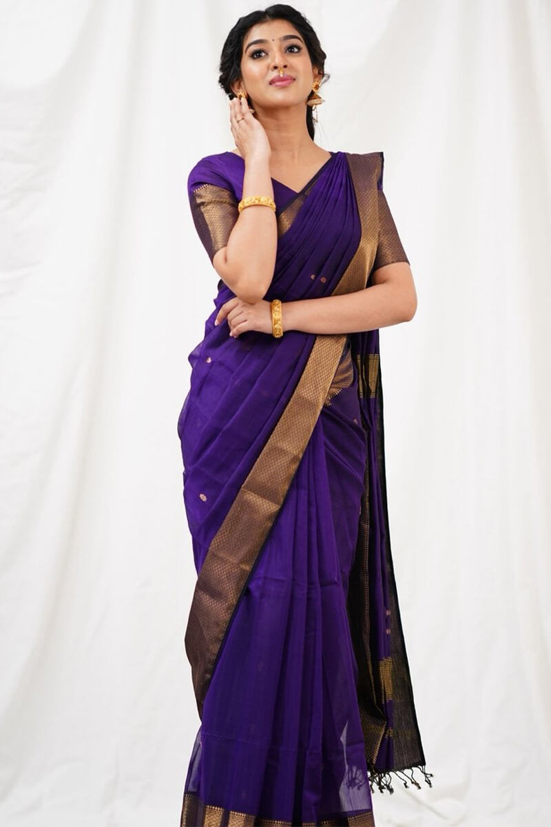 Symmetrical Purple Cotton Silk Saree With Quintessential Blouse Piece