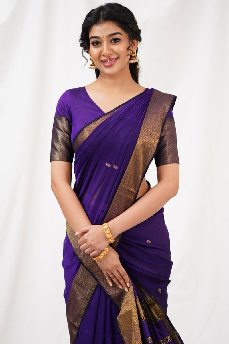 Symmetrical Purple Cotton Silk Saree With Quintessential Blouse Piece