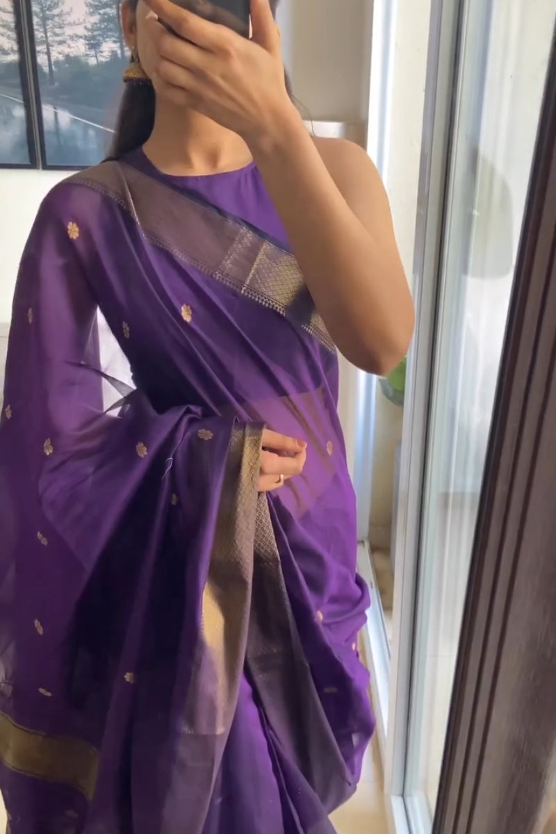 Fugacious Purple Cotton Silk Saree With Amiable Blouse Piece