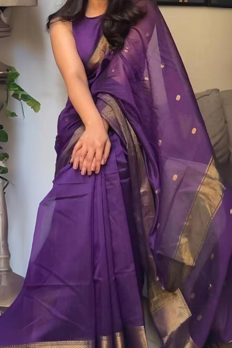 Fugacious Purple Cotton Silk Saree With Amiable Blouse Piece