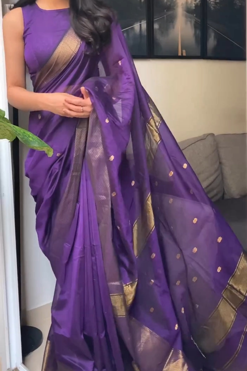 Fugacious Purple Cotton Silk Saree With Amiable Blouse Piece