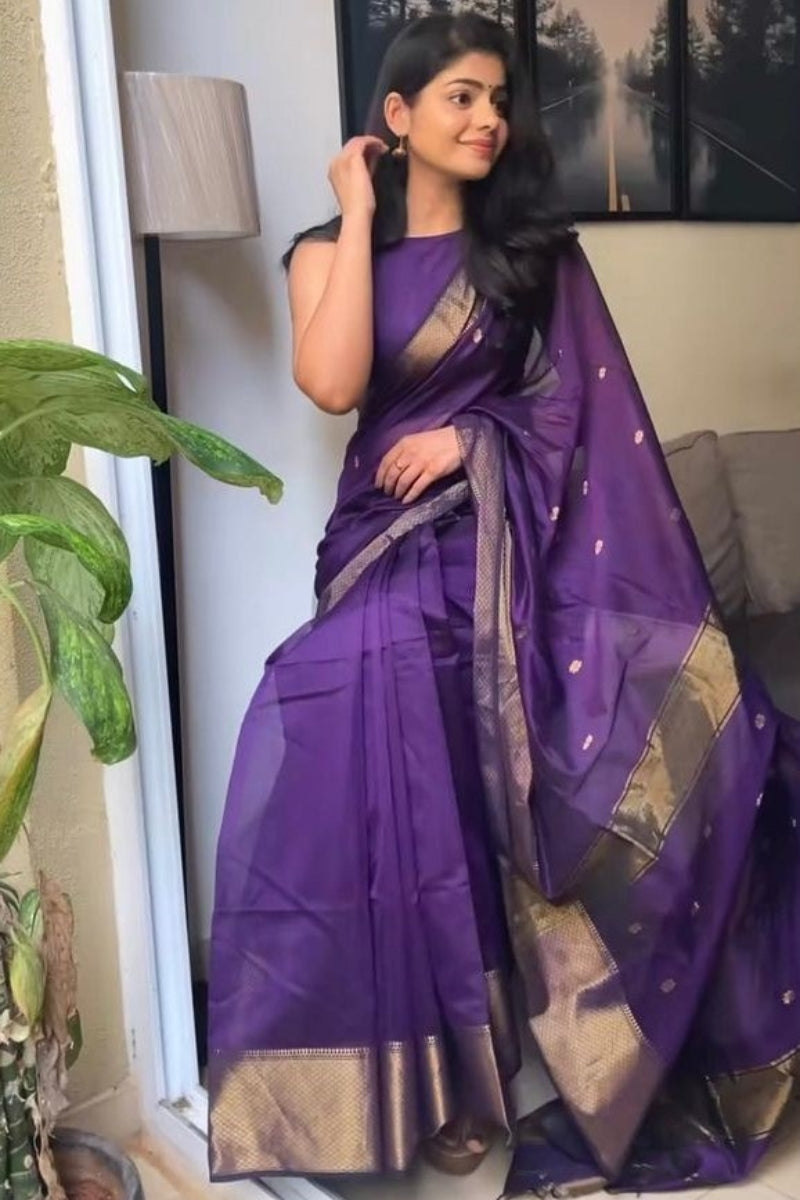 Fugacious Purple Cotton Silk Saree With Amiable Blouse Piece