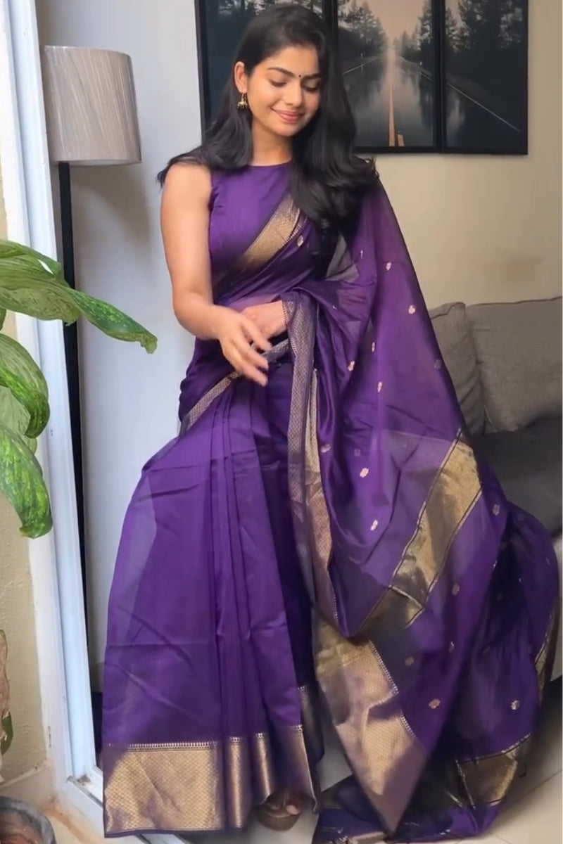 Fugacious Purple Cotton Silk Saree With Amiable Blouse Piece