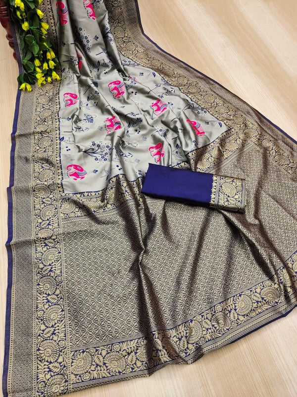 Alluring Grey Soft Silk Saree With Radiant Blouse Piece