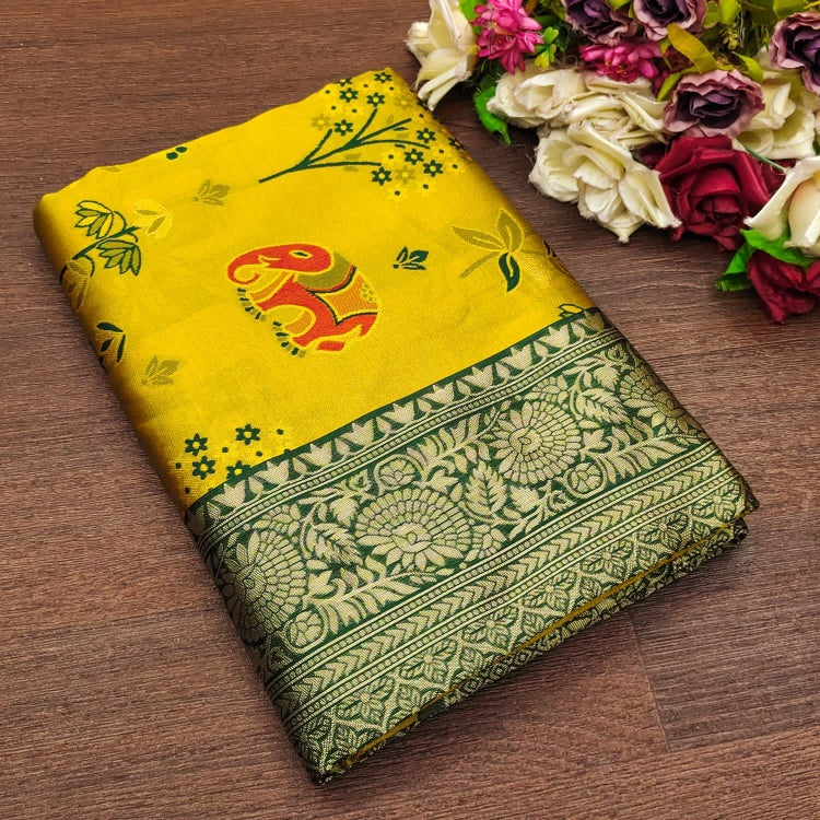 Gorgeous Yellow Soft Silk Saree With Ravishing Blouse Piece