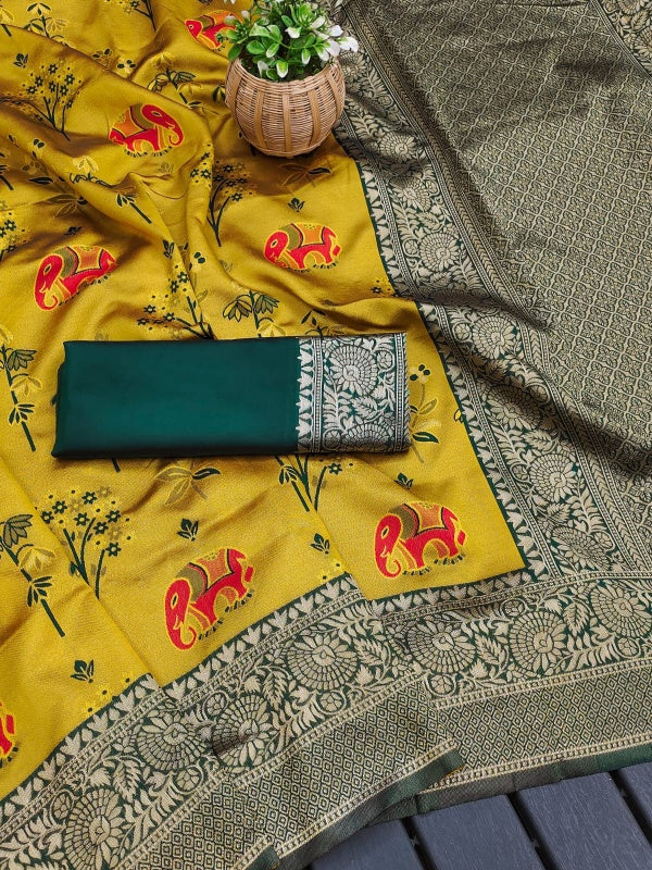 Gorgeous Yellow Soft Silk Saree With Ravishing Blouse Piece