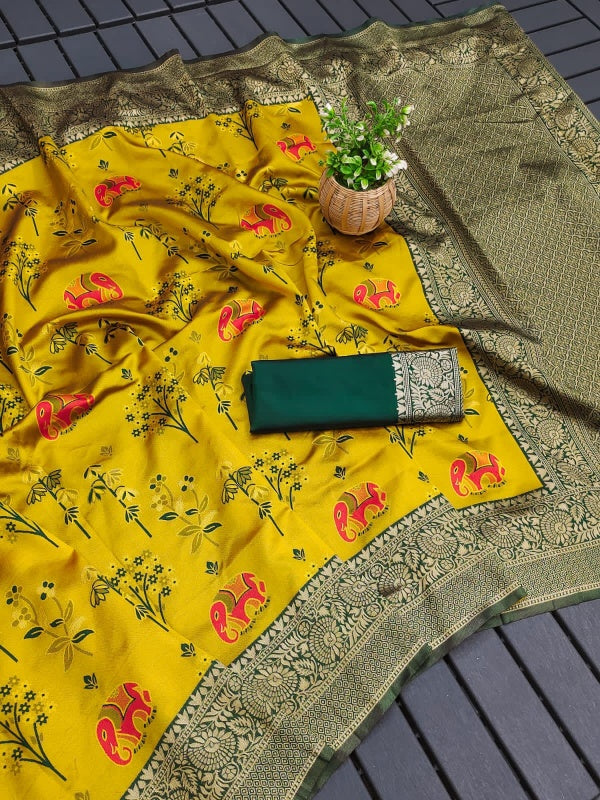 Gorgeous Yellow Soft Silk Saree With Ravishing Blouse Piece