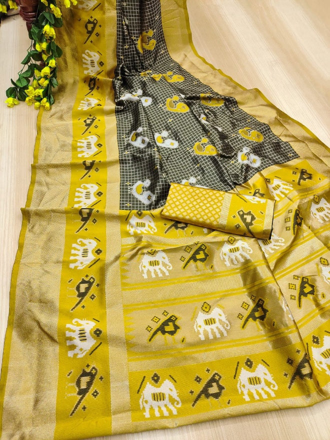 Cynosure Black and Yellow Soft Silk Saree With Felicitous Blouse Piece