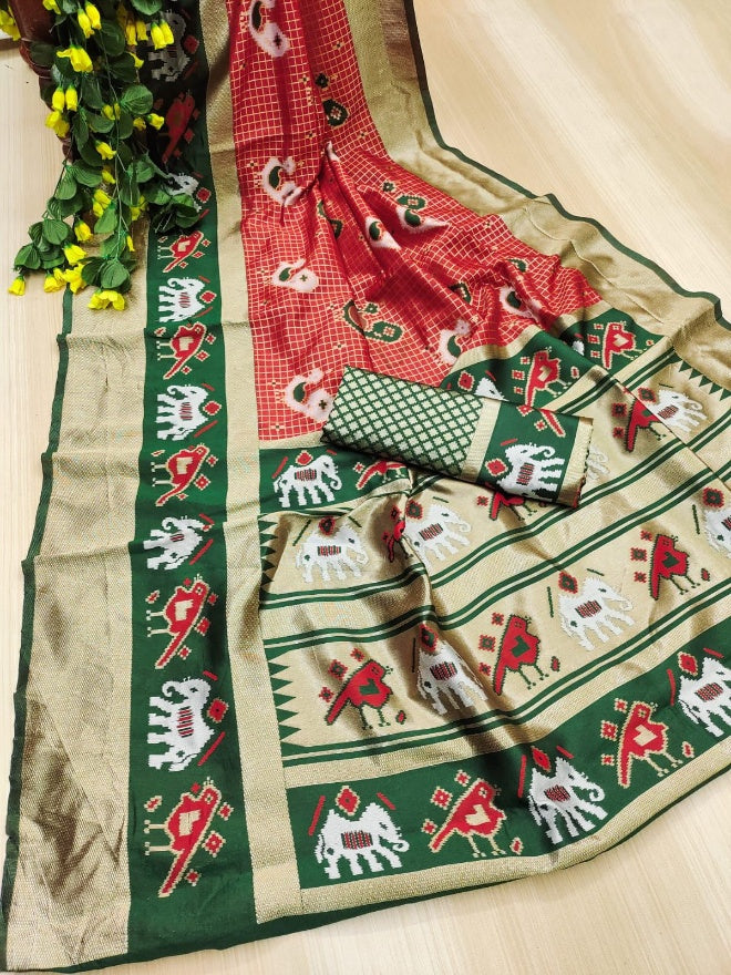 Gleaming Red Soft Silk Saree With Ethnic Blouse Piece