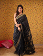 Grandiose Black Soft Silk Saree With Verdant Blouse Piece