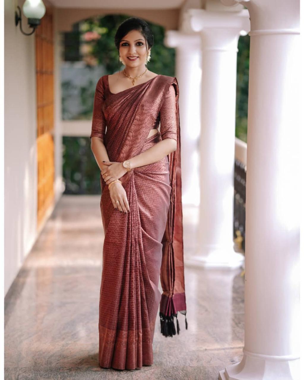 Enigmatic Wine Soft Silk Saree With Jubilant Blouse Piece