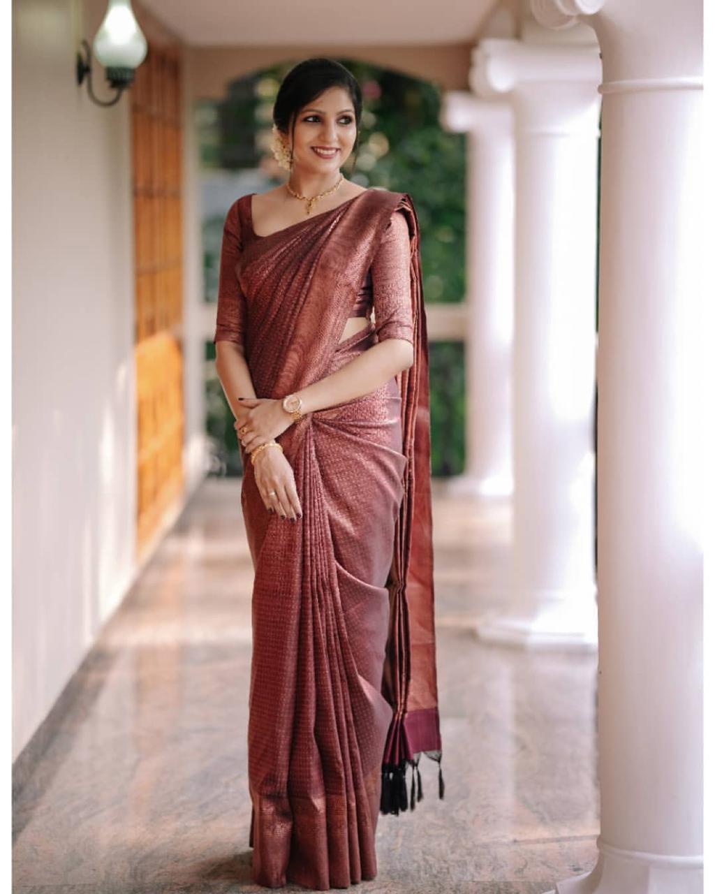 Enigmatic Wine Soft Silk Saree With Jubilant Blouse Piece