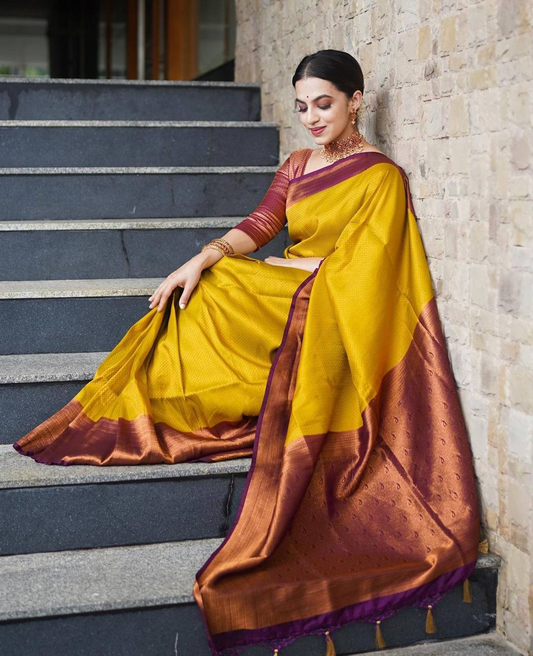 Staggering Golden Soft Silk Saree with Engaging Blouse Piece