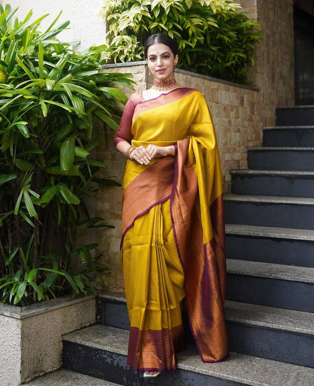 Staggering Golden Soft Silk Saree with Engaging Blouse Piece