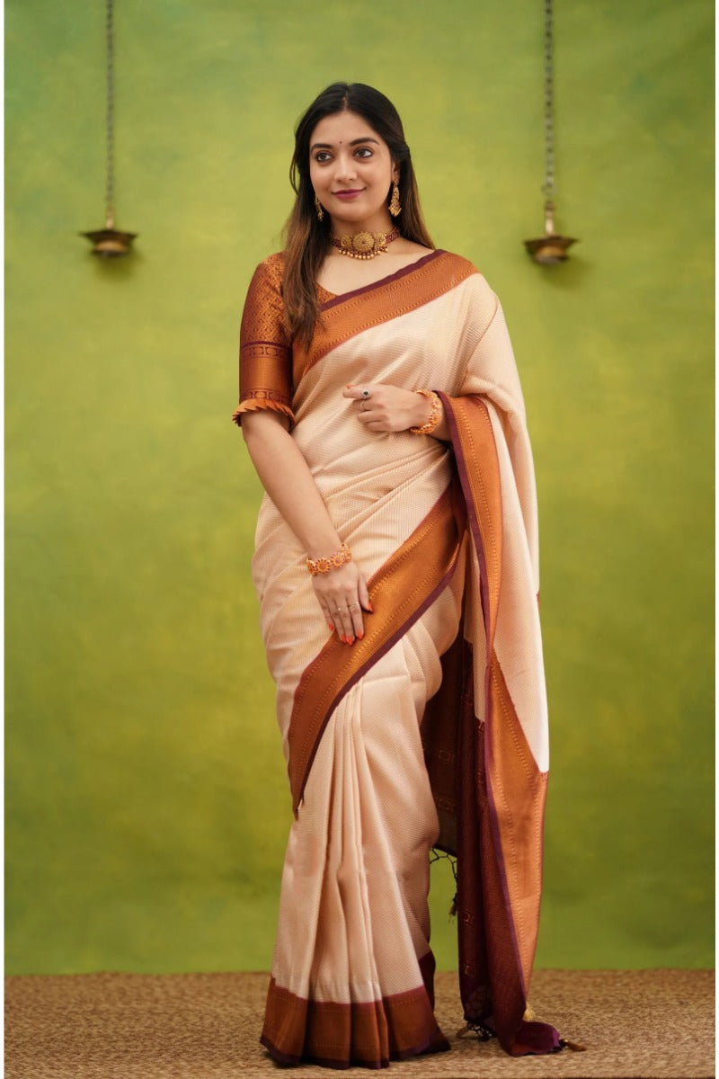 Dazzling Beige Soft Banarasi Silk Saree With Super classy Blouse Piece