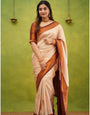 Dazzling Beige Soft Banarasi Silk Saree With Super classy Blouse Piece