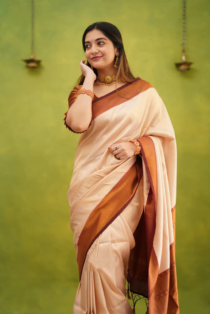 Dazzling Beige Soft Banarasi Silk Saree With Super classy Blouse Piece