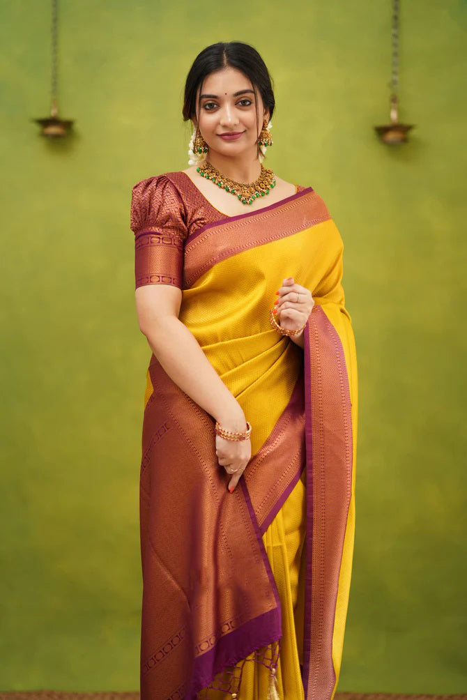 Elision Golden Soft Silk Saree with Ephemeral Blouse Piece