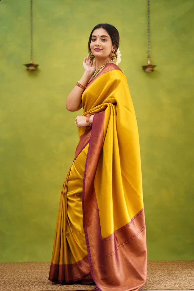 Elision Golden Soft Silk Saree with Ephemeral Blouse Piece