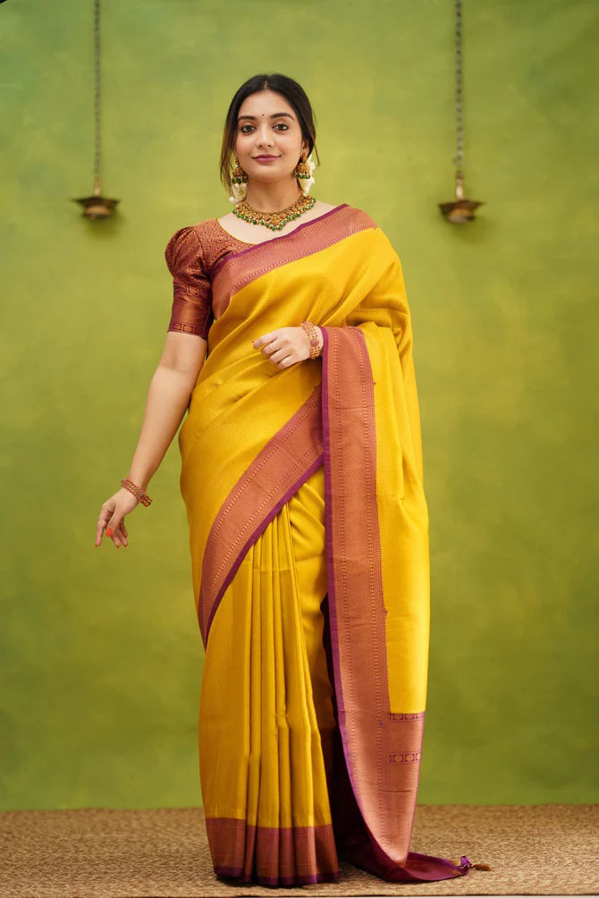 Elision Golden Soft Silk Saree with Ephemeral Blouse Piece