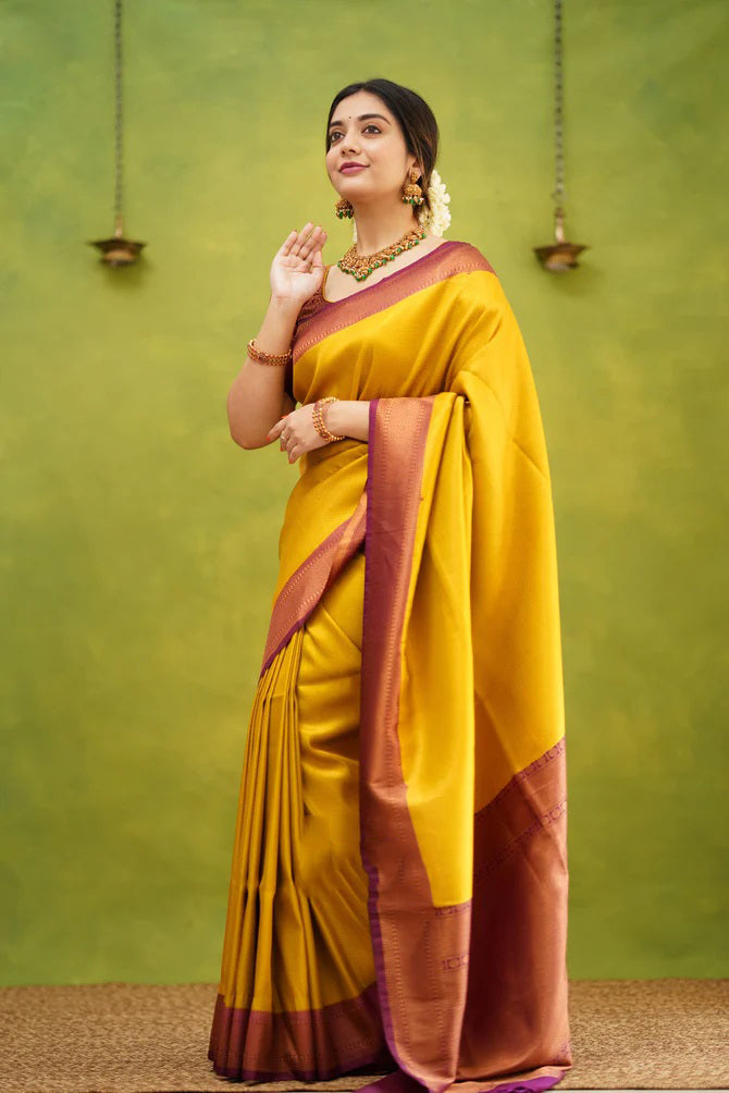 Elision Golden Soft Silk Saree with Ephemeral Blouse Piece