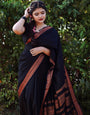 Seraphic Black Soft Banarasi Silk Saree With Glowing Blouse Piece