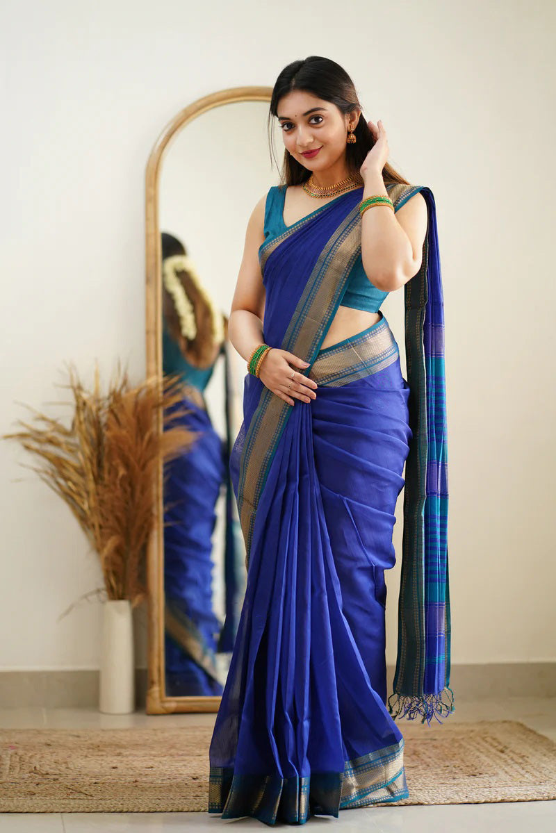 Jubilant Blue Cotton Cotton Silk Saree With Alluring Blouse Piece