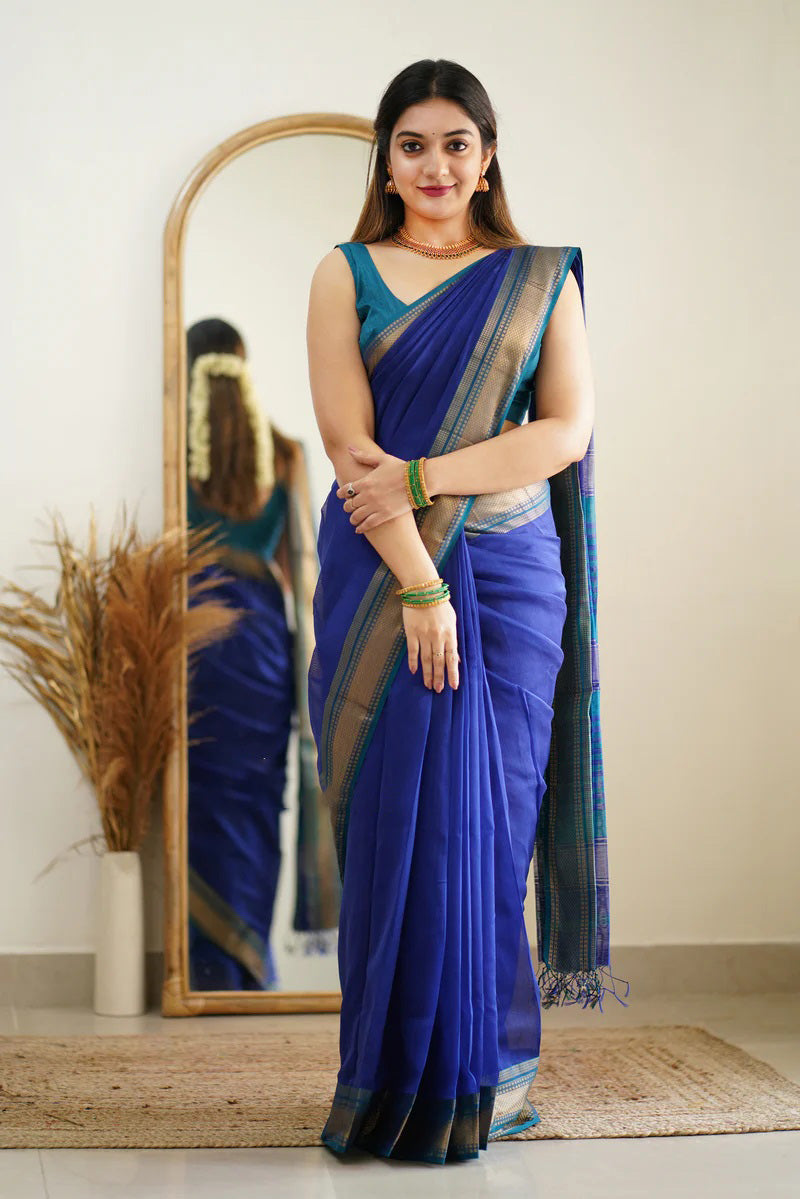 Jubilant Blue Cotton Cotton Silk Saree With Alluring Blouse Piece