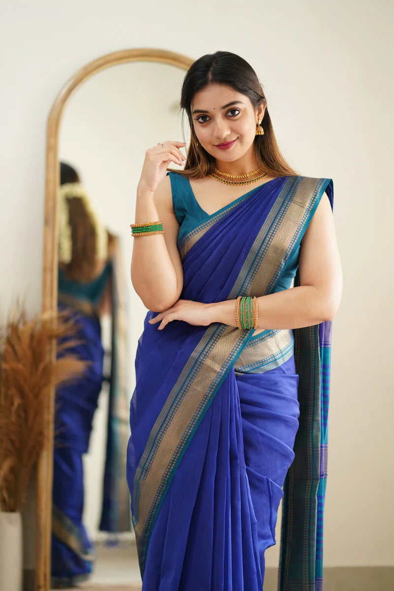 Jubilant Blue Cotton Cotton Silk Saree With Alluring Blouse Piece