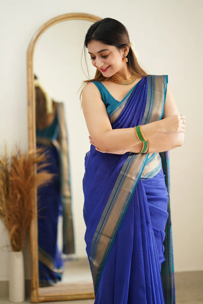 Jubilant Blue Cotton Cotton Silk Saree With Alluring Blouse Piece