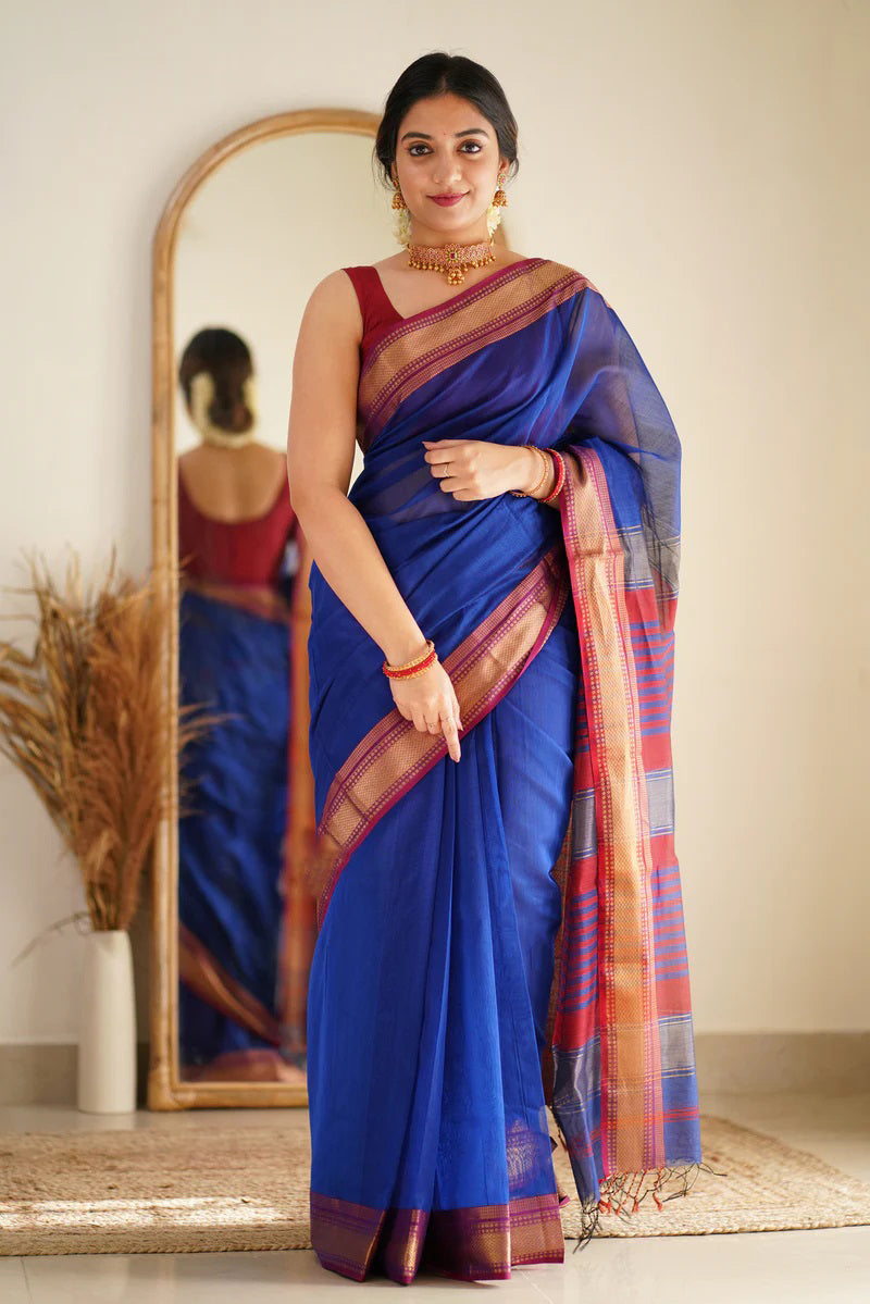 Scintilla Royal Blue Cotton Silk Saree With Woebegone Blouse Piece