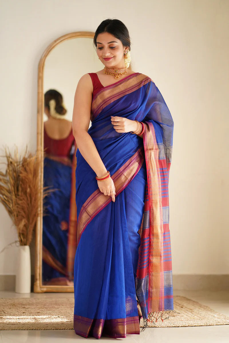 Scintilla Royal Blue Cotton Silk Saree With Woebegone Blouse Piece