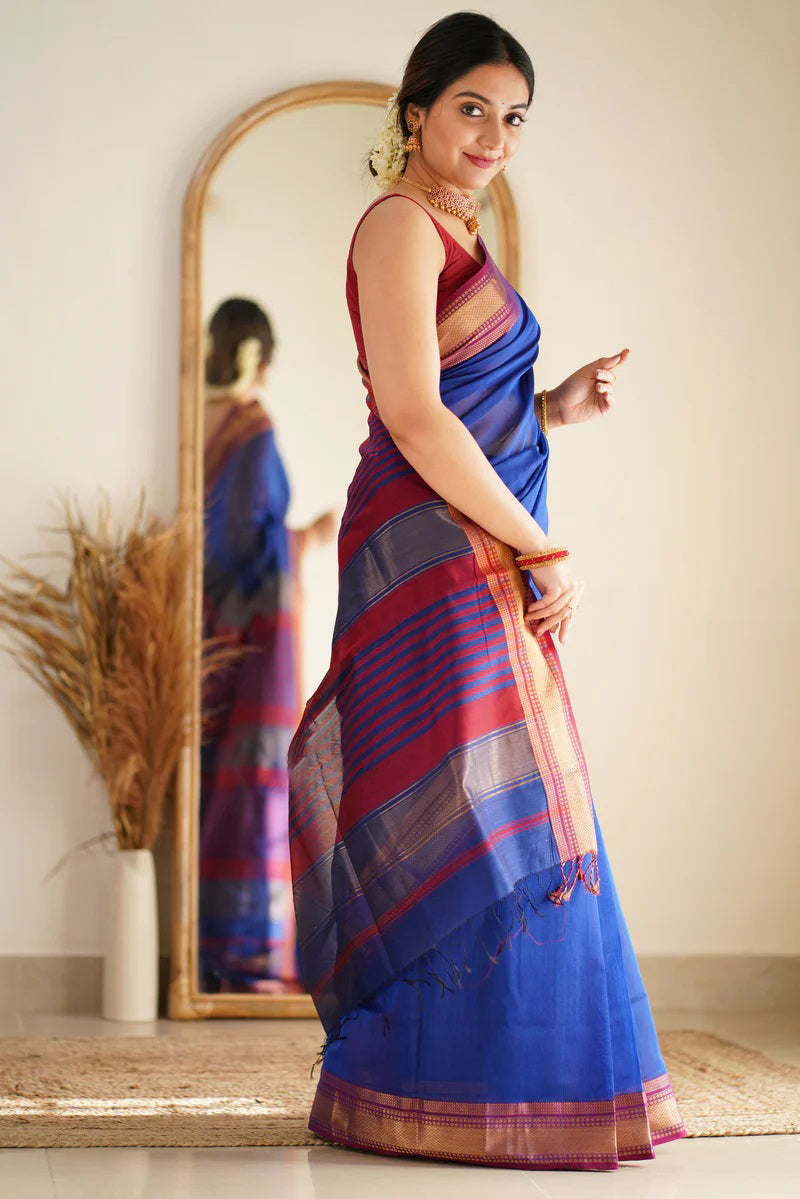 Scintilla Royal Blue Cotton Silk Saree With Woebegone Blouse Piece