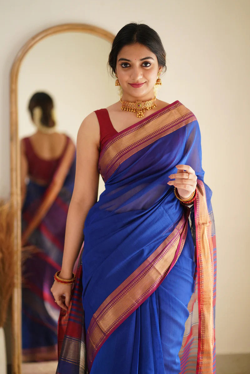 Scintilla Royal Blue Cotton Silk Saree With Woebegone Blouse Piece