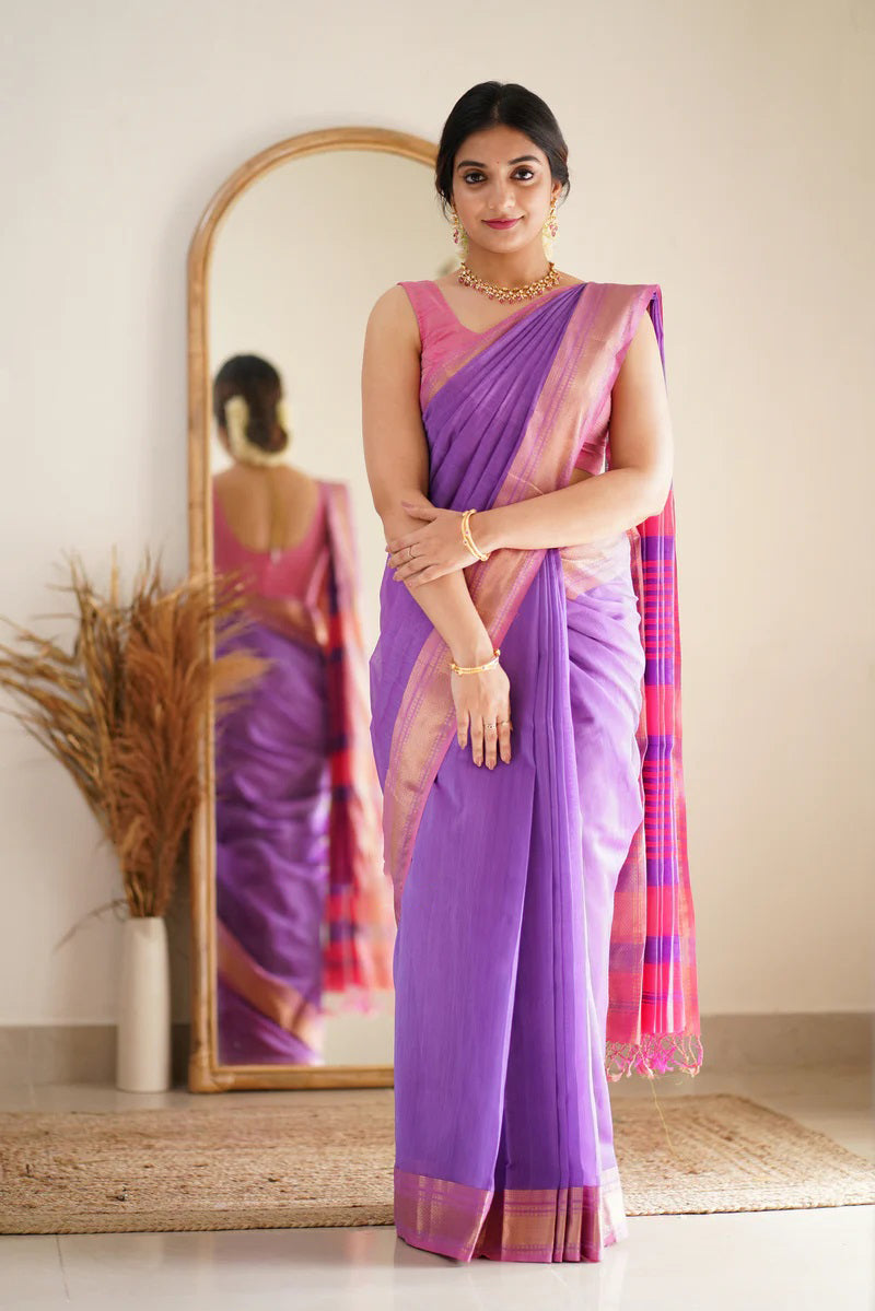 Incomparable Lavender Cotton Silk Saree With Winsome Blouse Piece