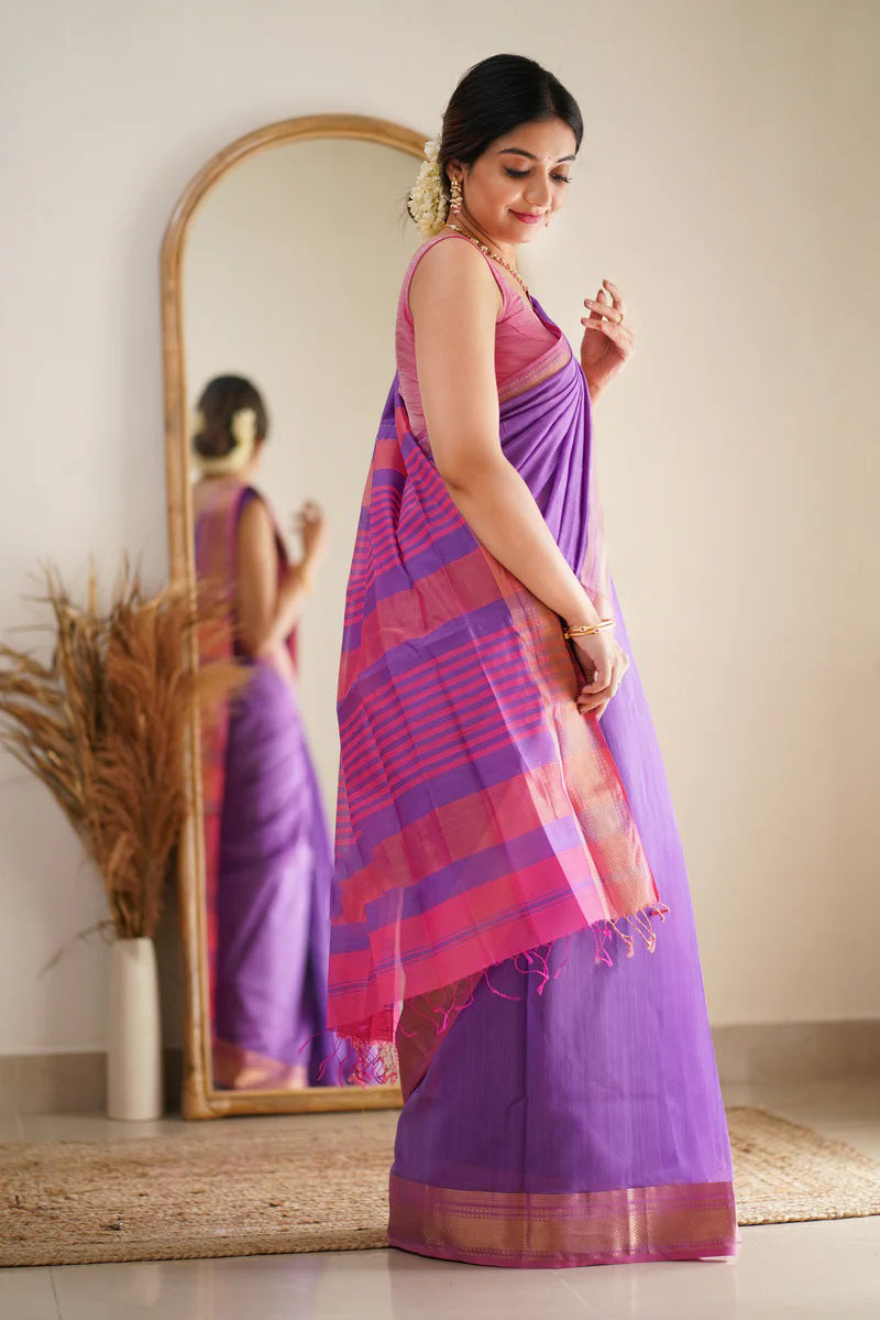 Incomparable Lavender Cotton Silk Saree With Winsome Blouse Piece