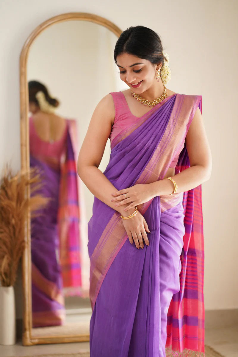 Incomparable Lavender Cotton Silk Saree With Winsome Blouse Piece