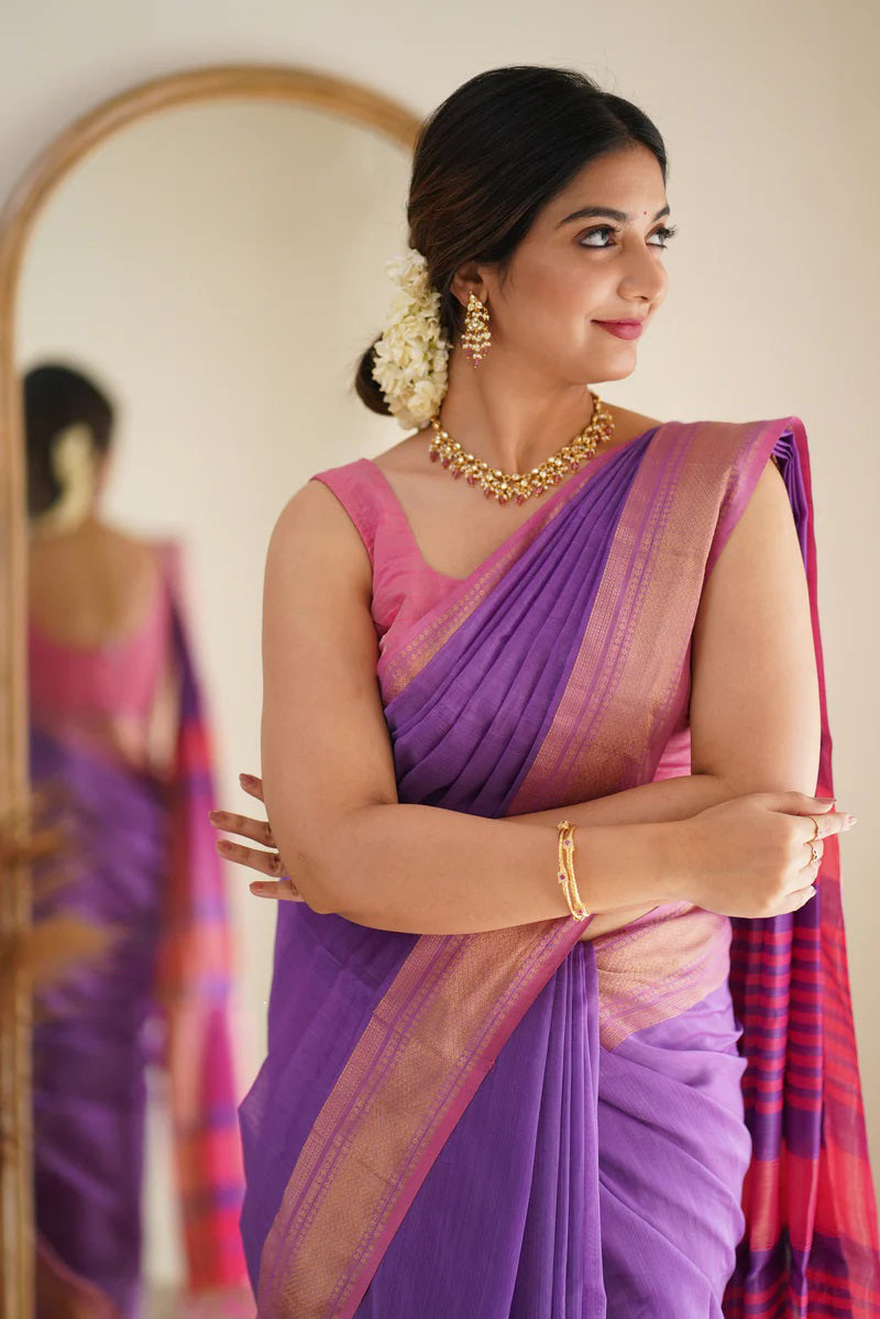 Incomparable Lavender Cotton Silk Saree With Winsome Blouse Piece