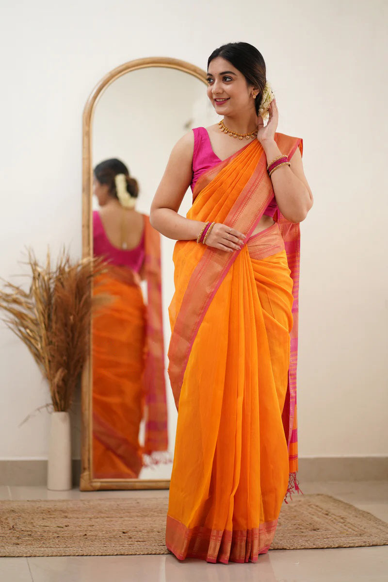 Snappy Orange Cotton Silk Saree With Glittering Blouse Piece