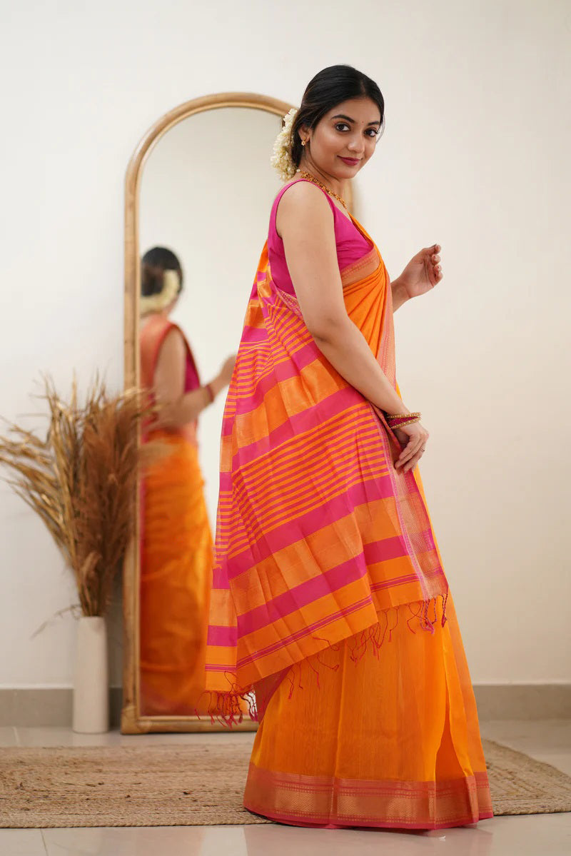 Snappy Orange Cotton Silk Saree With Glittering Blouse Piece