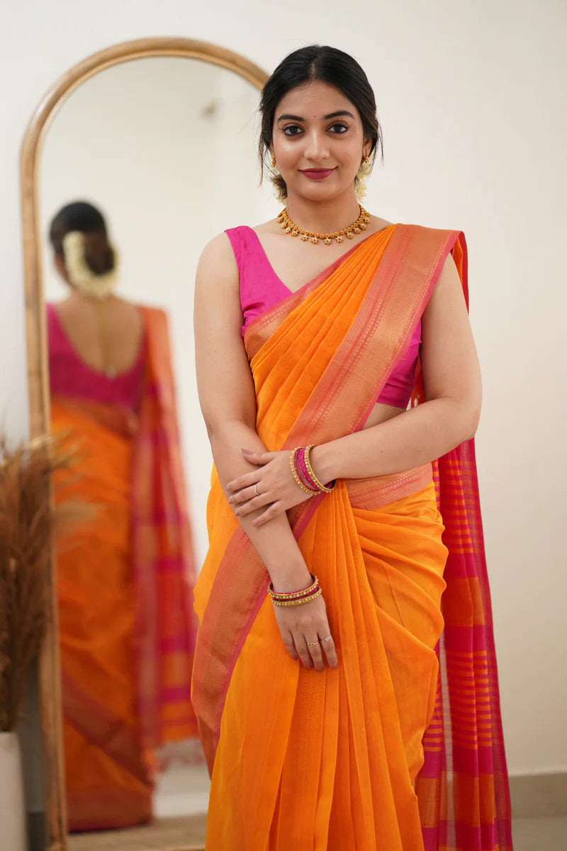 Snappy Orange Cotton Silk Saree With Glittering Blouse Piece