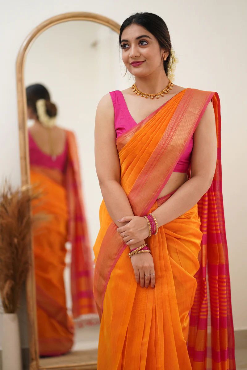 Snappy Orange Cotton Silk Saree With Glittering Blouse Piece