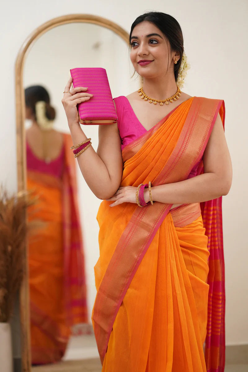 Snappy Orange Cotton Silk Saree With Glittering Blouse Piece