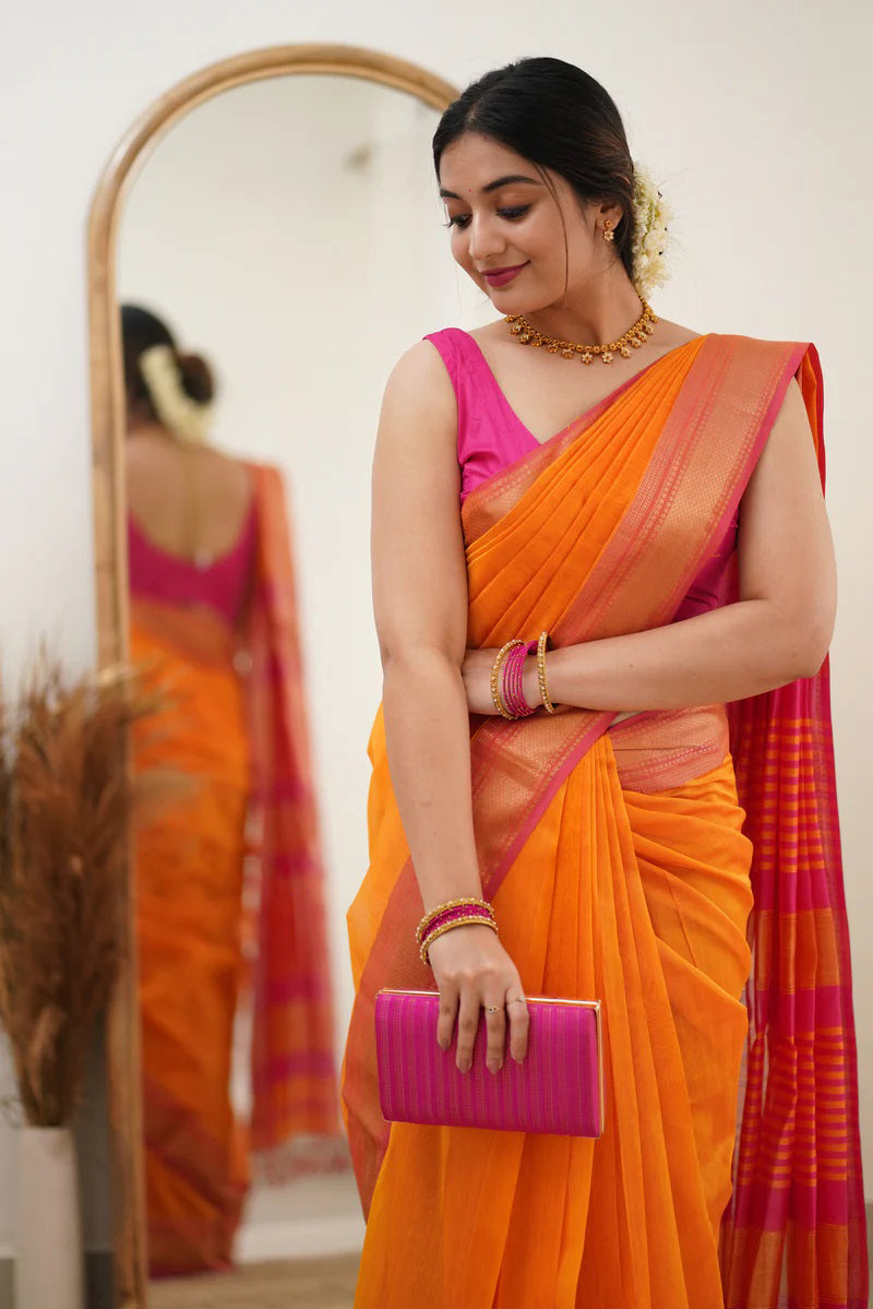 Snappy Orange Cotton Silk Saree With Glittering Blouse Piece