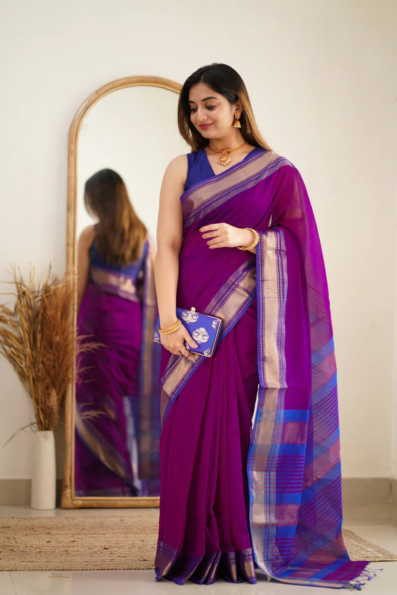 Prodigal Purple Cotton Silk Saree With Sumptuous Blouse Piece