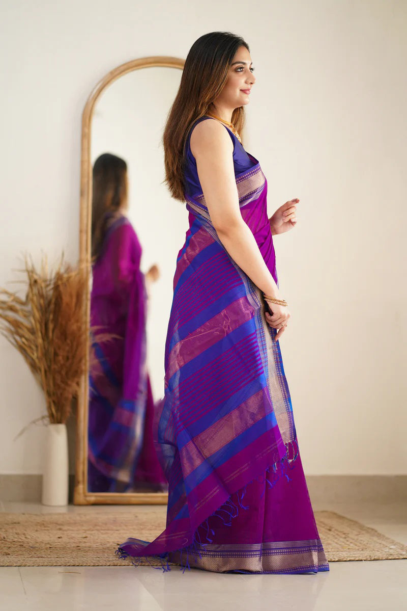 Prodigal Purple Cotton Silk Saree With Sumptuous Blouse Piece