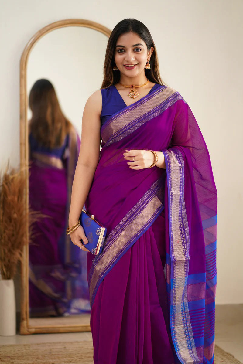 Prodigal Purple Cotton Silk Saree With Sumptuous Blouse Piece