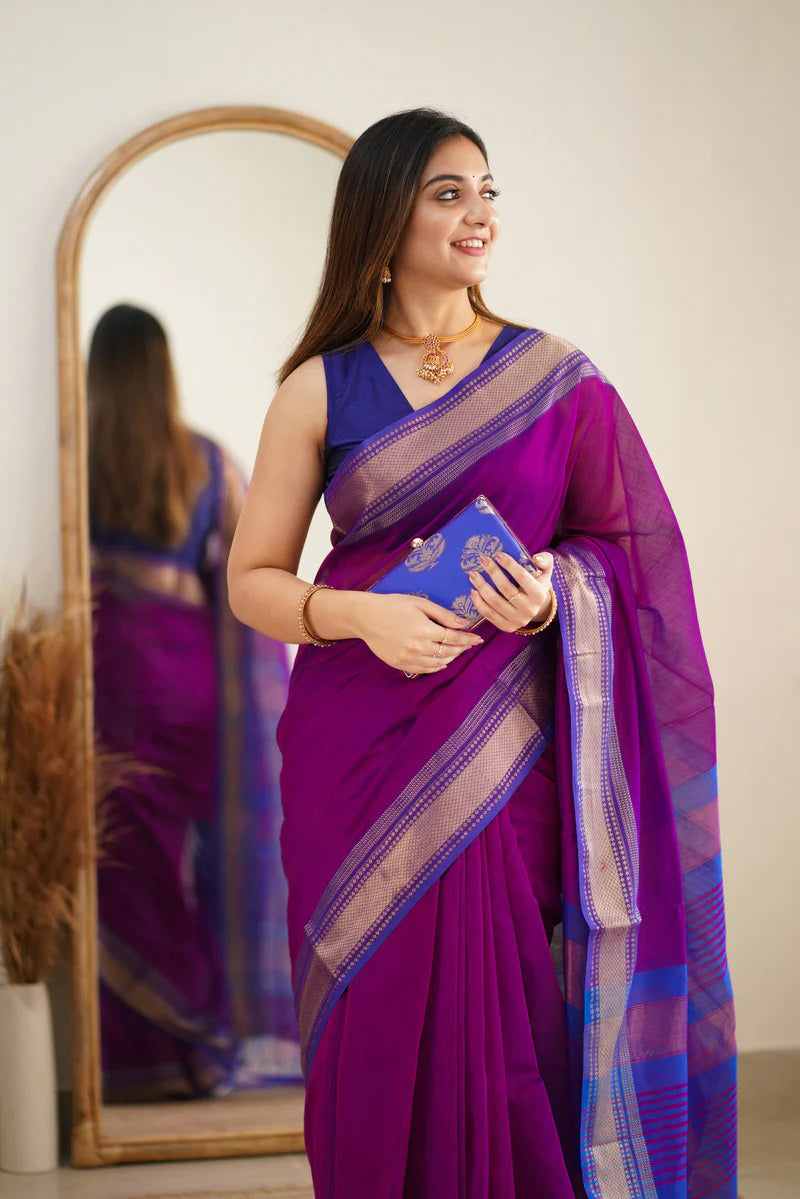 Prodigal Purple Cotton Silk Saree With Sumptuous Blouse Piece