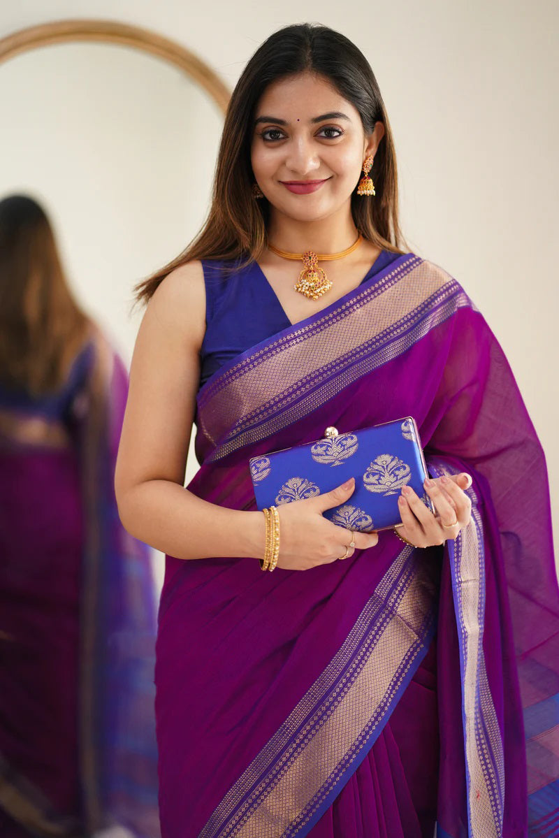 Prodigal Purple Cotton Silk Saree With Sumptuous Blouse Piece