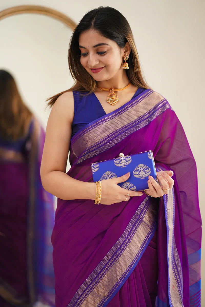 Prodigal Purple Cotton Silk Saree With Sumptuous Blouse Piece